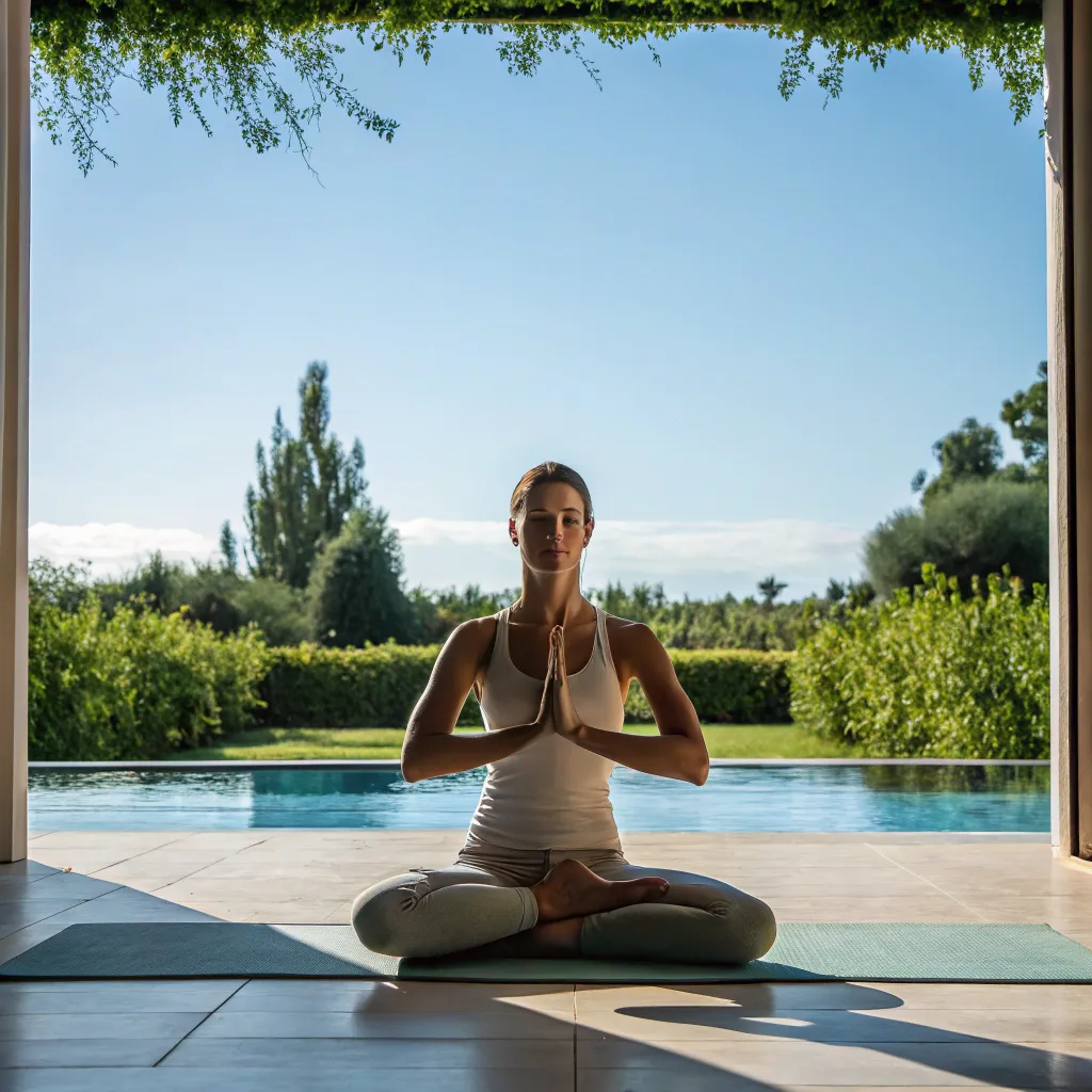 A woman doing yoga in a serene setting